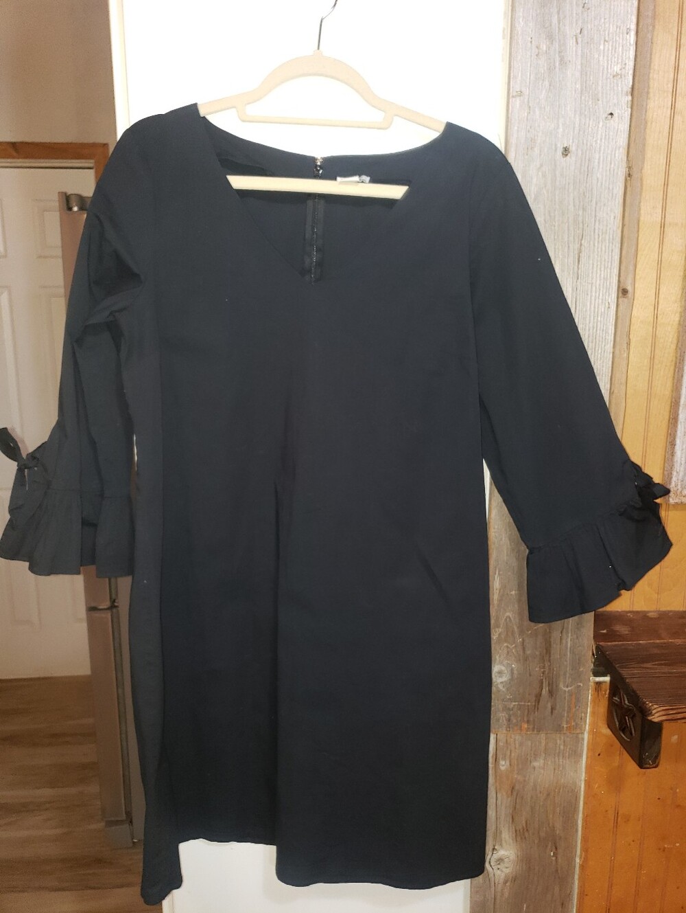 J.crew Black Cotton/spandex Mini Dress 12/14 Ruffle Tie Sleeve Zip Back
